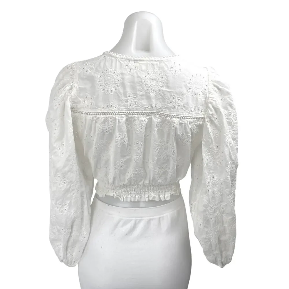 Kivary White Floral Lace Eyelet Embroidered Puff Sleeve V-Neck Crop Blouse Top 2